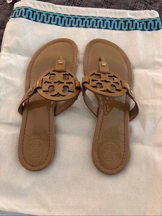 Tory Burch Shoes - Tory Burch Tan Leather Logo Thong Sandals